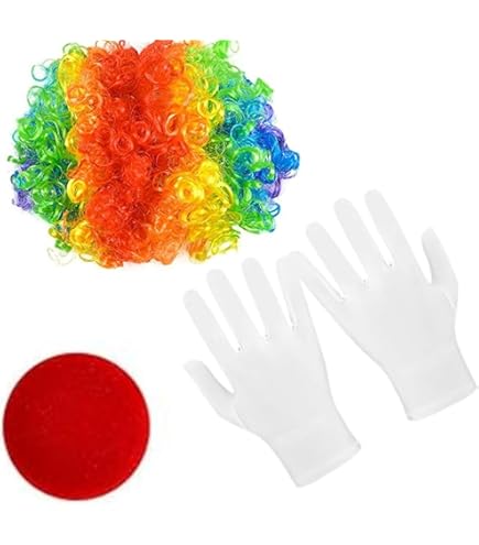 AYNKH 7 PCS Ensemble D'Accessoires De Costume De Clown, Perruque Afro Arc -en-ciel, Nez De Clown, Cravates Colorées, Nœuds Papillons Colorés, Gants, Sifflets, Filets à Cheveux, Jeux De Rôle, Carnavals