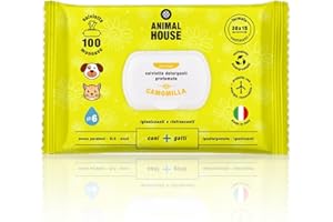 Animal House Salviette alla Camomilla 100pz Salviette Naturali Idratanti e Lenitive, Biodegradabili e Ipoallergeniche, per la Pulizia Quotidiana di Cani e Gatti