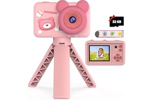 Kinderkamera, OMWay Kinder Kamera Mädchen, Weihnachten Geburtstag Geschenk für 3 4 5 Jahre Mädchen, 1080P HD Selfie Digitalkamera Kinder mit Stativ & 32GB SD-Karte, Fotoapparat Spielzeug für 3-10
