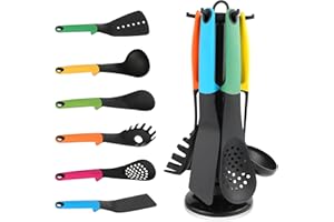 SHIRAZO Kitchen Cooking By Ohanian Ustensiles Multi Color Set de 6 outils de haute qualité sur support rotatif Comprend une louche cuillère écumoire cuillère fendue Turner fourchette à spaghetti