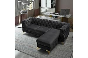 HOMEOLOGY SOFA DIRECT Homeology Chesterfield 3 Seater Sofa with Chaise Lounge – L Shape Right/Left Hand Corner Sofa – Deep Button Tufted Design with Gold Metal Legs – Couch for Living Room (Black, Right Hand Chaise)