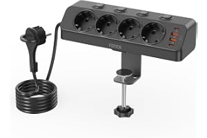 FDTEK Grenuttag med USB-C PD 20W Och 4 Separata Brytare, Grenuttag med Klämma och Platt Stickpropp, 4 Uttag, för Skrivbord El