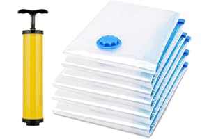 Sac sous Vide Vetement Aspirateur, WKTRSM 6 Pièces (3Pc 80x60CM,3Pc 70x50CM,+1 Pompe Manuelle) Compression Rangement Vetement Réutilisable pour Vêtements Couette Oreiller Couverture