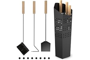 changshengda 4-teiliges Kaminbesteck Set - Modernes Ofenbesteck Set Schwarz mit Ständer, Ascheschaufel, Schürhaken und Kaminbesen, Kaminzubehör für Holzöfen