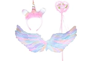 POPOYU Angel Wings with Halo and Fairy Wand,80x35cm Angel Costume Fancy Dress for Women,Feather Wings Angel for Girls Carnival Themed Party,Halloween Christmas Fallen Angel Cosplay for Kids