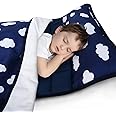 Nap Mat for Toddlers, Quilted Mat with Blanket and Removable Pillow, All-In-One Sleeping Bag for Preschool Daycare Nap Time or Sleepovers, Portable Roll up Nap Mat, Navy Cloud