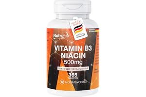 NutriFair, vitamin B3 niacin 500mg, 365 tabletter, 500mg per tablett, högdoserat, lätt att svälja, 100% veganskt, tillverkat i Tyskland och laboratorietestat