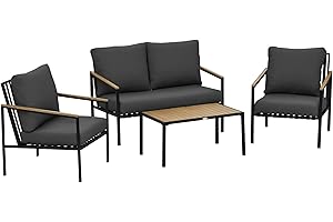 Outsunny Ensemble Salon de Jardin 4 pièces 4 Personnes avec canapé 2 Places, fauteuils et Table Basse 8 Coussins - Acier Noir Polyester Gris foncé