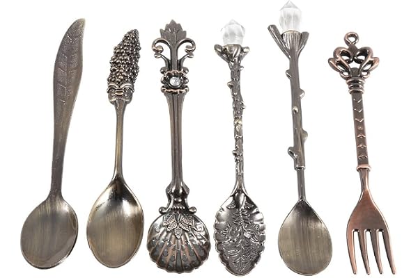 6Pcs Cuillères et Fourchettes Rétro style vintage en alliage zinc sculpté accessoire café crème glacée dessert Cuillères de fruits et fourche (Couleur : Antique Brass)