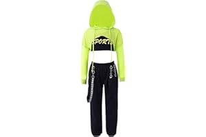 Mufeng 3 Pcs Ensemble Danse Hip Hop Enfant Fille Crop Top Sweat à Capuche Manches Longues Débardeur Sport Yoga Pantalon Cargo Tenue Danse Jazz Streetwear 3-16 Ans