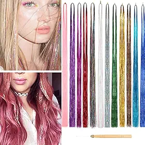47 Inches Hair Extension Tinsel with Tool 12 Colors 2400 Strands Hair Extension Tinsel Kit Glitter Hair Extensions for Women Girls