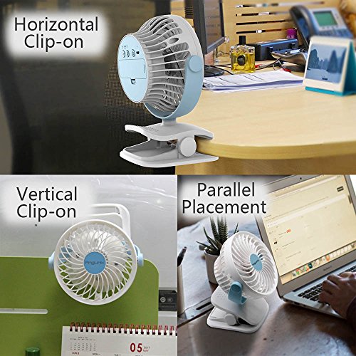 AngLink mini USB Clip Ventilator mit Batteriebetrieben mini Tischventilator Fan | 4 Geschwindigkeitsmodi, Beliebige Rotation | PC, MAC, Notebook optimal für den Schreibtisch, Kinderwagen, Rollstuhl, Schlafzimmer, Camping (Blau/Weiß) - 8