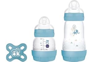 MAM, Set nouveau-né, set cadeau. Comprend : 1 biberon anti-colique de 130 ml, 1 biberon anti-colique de 260 ml, 1 tétine originale Start, à partir de 0 mois, bleu