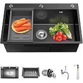 CALISTOUK Kitchen Sink 304 Stainless Steel Kitchen Sink Kitchen Single Bowl Sink with Soap Dispenser (Black, 40 x 50 cm)