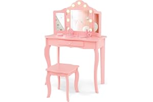 RELAX4LIFE Toeletta Trucco per Bambina con 9 Lampadine LED, 3 Colori di Luci, Specchiera Trucco con Sgabello, Toeletta in Legno, Specchio Rimovibile, per Bambini 3+ Anni (Rosa, L)