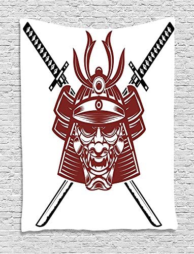 jjonepin Kabuki Mask Tapestry, Samurai Face with Crossed Swords Ancient Knight with Helmet Print, Wall Hanging for Bedroom Living Room Dorm, 60 W X 80 L Inches, Dark Orange Black White