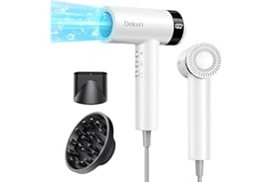 Dekuri Asciugacapelli, Motore ad Alta Velocità 110.000 RPM, Asciugatura Rapida con 200 Milioni di Ioni, Leggero e Silenzioso per Donna e Uomo con Ugello Magnetico e Diffusore, Bianco