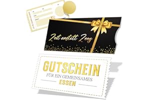 Luckeey Gutschein für ein gemeinsames Essen – Edle Geschenkkarte mit Goldfolie, Umschlag „Zeit anstatt Zeug“ & Rubbelaufkleber und Hülle – Gutscheine zum Selberausfüllen, Gutscheinkarte Essen gehen