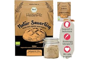 ‎HELDENPILZ HeldenPilz® | FRISCHER BIO SAUERTEIG | Set zum Brotbacken + Geschenk | knuspriges Brot selber machen inkl. Anleitung und Rezepten | 100% natürliche Zutaten | Bio nachhaltig und plastikfrei verpackt