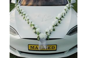 AUTO-SCHMUCK SO EINFACH SO KREATIV VIP Guirlande de 30 azalées, 30 roses, 18 ventouses extra puissantes 2 x 180 cm, 4 décorations de poignées de porte, 2 cœurs en rotin, décoration de voiture, mariage, voiture, mariage