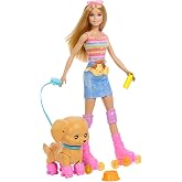 Barbie Paten ve Koşu Arkadaşım oyun seti, sarışın bebek ve paten kayan k&ouml;pek&ccedil;ik, tasma, uyumlu patenler, g&uuml;neş g&ouml;zl&uuml;kleri ve 