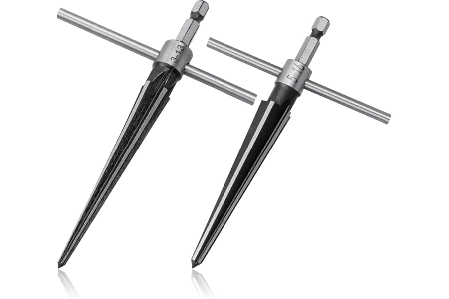 Mesee 2 Pieces T-Handle Taper Reamer Set, T Handle Detachable Tapered Reamers with 1/4 Inch Hex Shank 5 Fluted Chamfer Bridge Pin Hole 3-13mm & 5-16mm Handheld Reaming Guitar Woodworker Luthier Tool