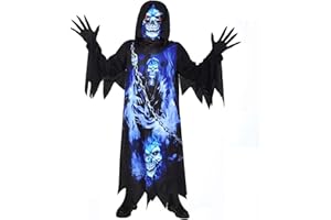 Sincere Party Costume de faucheuse pour enfants, fantôme des ténèbres, robe noire effrayante avec gants effrayants, masque imprimé.