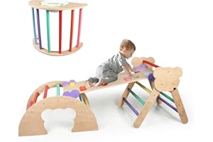 BommJokker Klettergerüst Indoor, Kletterdreieck, Kletterbogen, Kletterdreieck mit Rutsche, 4 in 1 multifunktionaler Indoor Spielplatz für Kinder ab 3+ Jahren (Mehrfarbig)