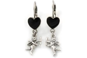 AVALAYA Vintage Inspired Silver Tone Black Enamel Heart, Angel Drop Earrings With Leverback Closure - 40mm Length