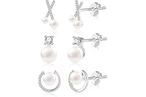 ASH'S CHOICE pendientes de perlas de plata de ley 925 para mujeres y niñas, pendientes de perlas de agua dulce, conjunto con pendientes hipoalergénicos, cartílago pequeños