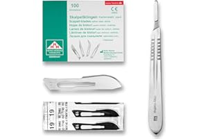 ‎MAY May Skalpell Set – 100 Sterile Skalpellklingen Figur 19 aus Karbonstahl, einzeln verpackt – Inkl. Edelstahl Skalpellhalter Nr. 4 – Präzisions Einwegklingen für Basteln, Modellbau & Fußpflege