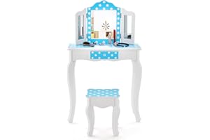 COSTWAY Tocador de Maquillaje Niña con Taburete, 2 en 1 Tocador Infantil de Madera con Espejo Tríptico Extraíble y Cajón, Juego de Mesa de Princesa con Escritorio Desmontable (Azul,Puntos)
