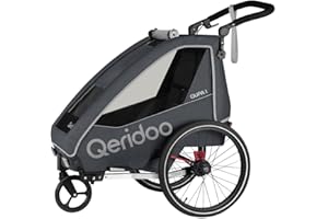 ‎QERIDOO Qeridoo Fahrradanhänger QUPA 1 Grey mit Blattfederung, zusammenfaltbare Kabine, ausbaubare Rückbank, Buggy, Trailer, Höhenverstellbarer Schiebegriff, 5-Punkt Gurtsystem, für 1 Kind