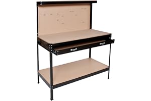tectake® Universell arbetsbänk med hålvägg och förvaring, stabilt arbetsbord med gummifötter, stor låda och övre hylla, perfekt för garage och verkstad, för hobby och proffs - 120x60x156 cm