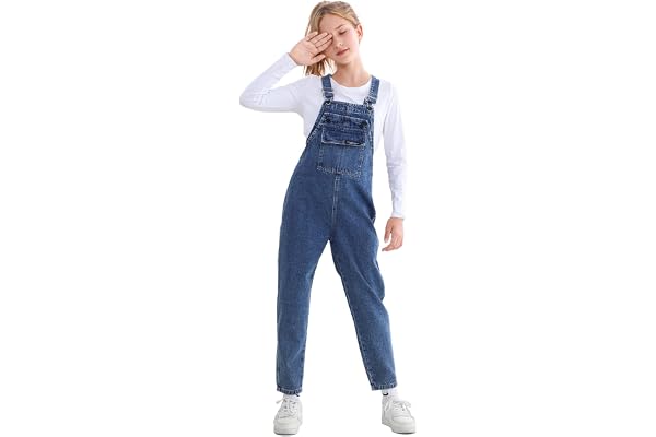 Rolanko Flickor jeans haklapp overaller, säckiga denim hängselbyxor overall för stora barn