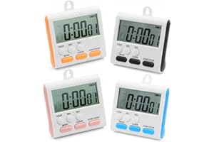 GELUODE Cronometro Digitale 24 Ore, 4 Pezzi Timer Digitale Magnetico Con Allarme, Timer Da Cucina Cronometri a 4 Colori Con Supporto Per Cucina Doccia Bagno Insegnanti Palestra Aula Bambini (6 Pulsanti)