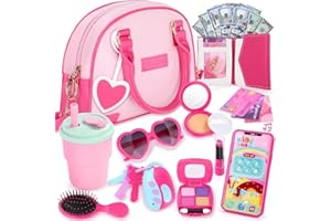 INNOCHEER Handtasche Für Kinder Mädchen Mit Make-Up Vortäuschen - Mein Erstes Handtaschen-Set mit Handtasche, Handy, Geldbörse, Schminkspielzeug und mehr für Mädchen ab 3 Jahren, Geschenkidee für Kinder (Rosa)