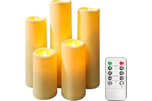 OSHINE Set di 5 candele senza fiamma a LED impermeabili, colore avorio, diametro 2,2 x altezza 10,2 cm,12,8 cm, 22,9 cm,funzionamento a batteria, con funzione timer e telecomando, candele in plastica