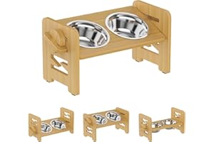MOXYOY Gamelle Chien Surélevées de 6 Hauteurs Ajustables, Support de Gamelle en Bambou Durable avec 2 Gamelles en Acier Inoxydable, Gamelles Surélevées pour Petits Chiens et Chats