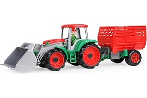 Lena TRUXX Tractor con Remolque para heno y Ejes de Acero galvanizado, Cabina para Abrir y Pala bloqueable con Mango, Figura de Juguete incluida