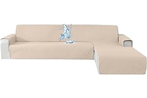 CYCMACO Funda Sofa Chaise Long 4 Plazas Impermeable, Fundas Sofa L Chaise Longue Izquierdo/Derecho Reversible, Antideslizante, Ajustables, Anti Gatos, Beige