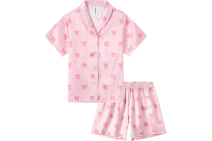 Ewbob Girls Silk Satin Pyjamas Set Short Sleeve Button-Down Kids PJs Breathable Soft Nightwear Children Sleepwear Age 5-14