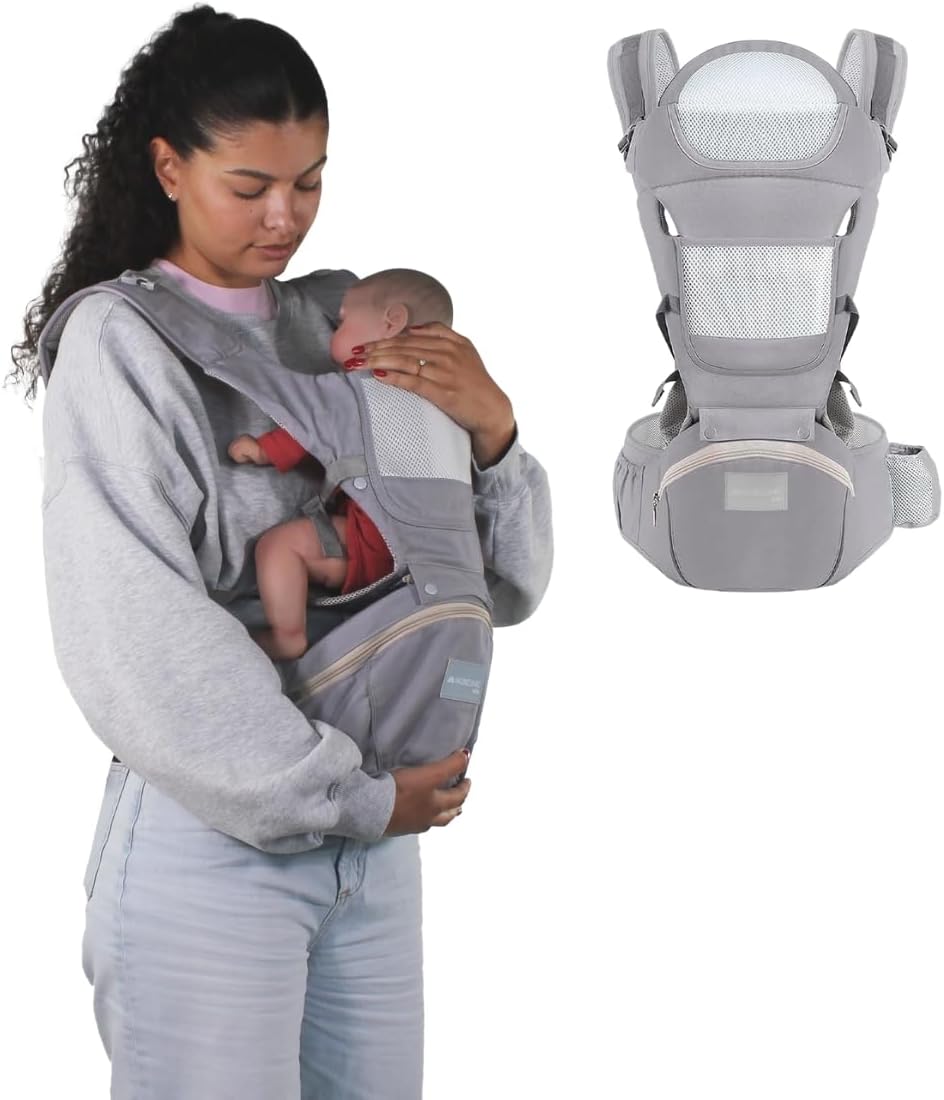 Mobiclinic® kids, Mochila portabebés, 6 en 1, Moley, Multiposición, Plegable, Bolsillo con cremallera, Reposa biberón, Algodón premium suave, 0-36 meses, Para recién nacidos y niños (gris)