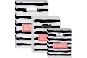 WOOWAIR 300 sacchetti di plastica per tende, con parola grazie, 3 misure sacchetti della spesa riutilizzabili con manici borse della spesa pieghevoli per feste, regali, boutique- bianco e nero