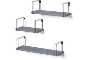 SRIWATANA Rustic Floating Shelves, Wood Wall Shelves Set of 3, Wall Mounted Storage Shelves for Bedroom, Living Room, Kitchen, Bathroom, Weathered Grey