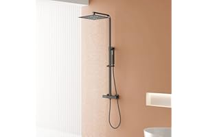 Columna Ducha Termostática Negra, Conjunto de ducha con Grifo Termostatico ,Ducha Lluvia 25x25cm, Alcachofa de Ducha con Manguera, Regulable en acero inoxidable Negro Mate Cuadrada - YOOZENA