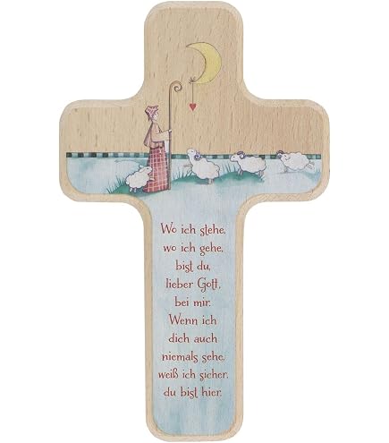 Croce In Legno Per Bambini Fritz Cox – 'Wo Ich Gehe, Wo Ich Stehe' Con Preghiera, 15 Cm, Bianca, Regalo Battesimo/Comunione