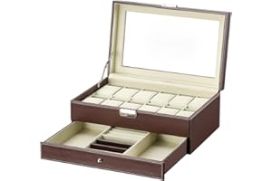 LINGFANSTORE Caja para de Relojes con Dos Capas,Estuche Relojero Organizador de Cuero PU Exterior y Terciopelo Interior Ideal para Relojes,Gafas de Sol,Joyas Brazaletes Collares Anillos (Braun-W79C)