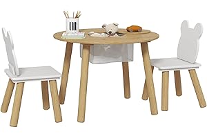 AIYAPLAY Table Enfant avec Chaise, Ensemble de Table et 2 chaises pour Enfants, Dossier en Forme d'ours pour Jouer, étudier, Bricolage, 3-6 Ans, Bois Naturel