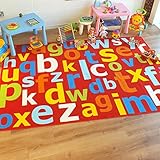 Superb Kids / Childs Rug Red Multi Coloured Large Alphabet Educational 200cm x 300cm (6'6 x 9'9 approx)